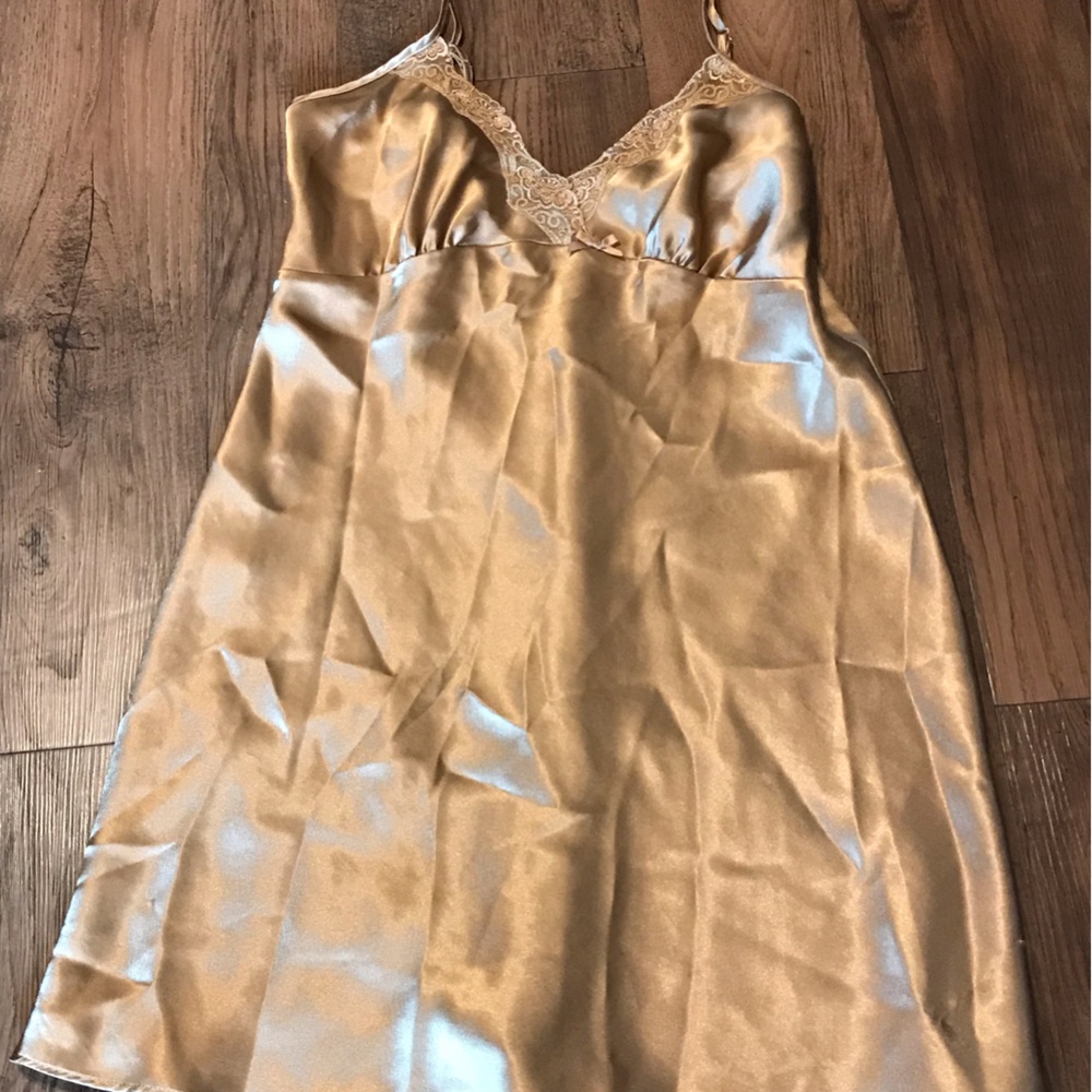 SOFT LIKE BUTTER lingerie MEDIUM Satin Slip Dress with Lace Trim Champagne